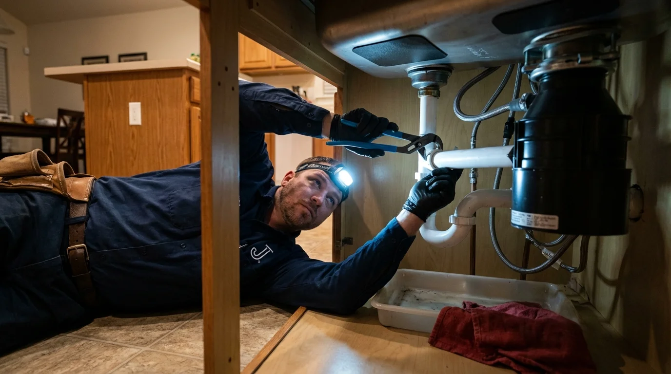 P-trap and supply line connections under a kitchen sink showing a common leak point in Laguna Woods, CA